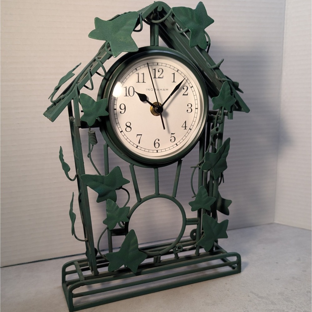 Ingraham Decorative Metal Mantel Clock with Leaf Design Tested And Working